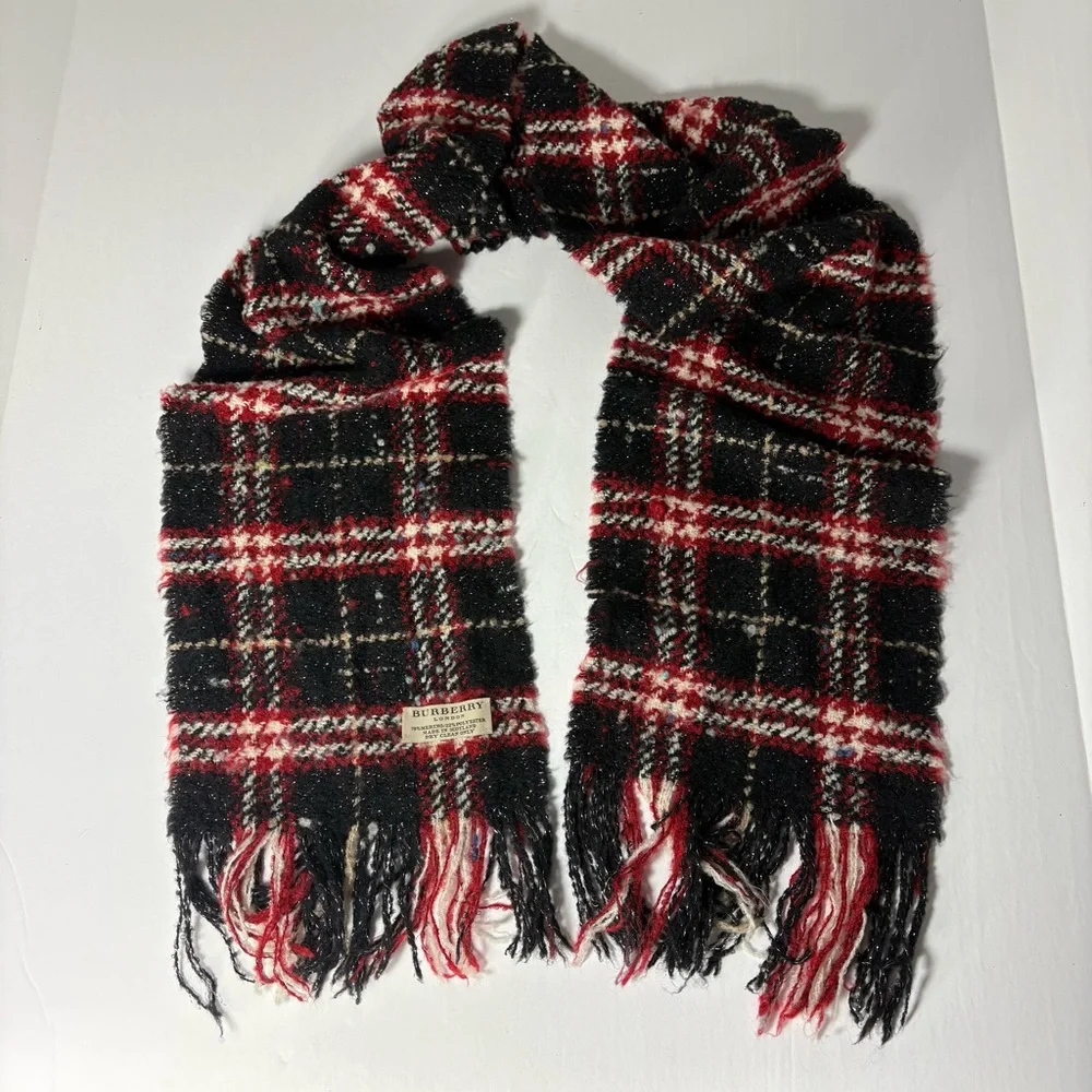 Burberry London Nova Check Black Red Merino Wool Blend Fringe Scarf - Picture 8 of 10